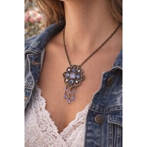 Claire's Necklace Vintage Style Filigree Blue Rhinestone Boho Floral Dangle 18"